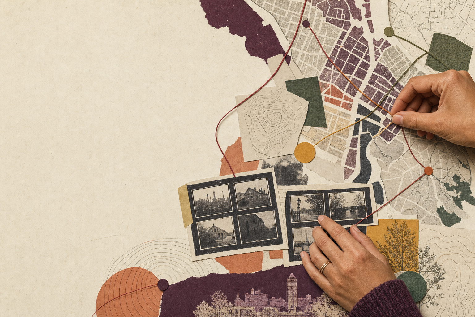 Illustrated collage of neighborhood records, maps, and relationships