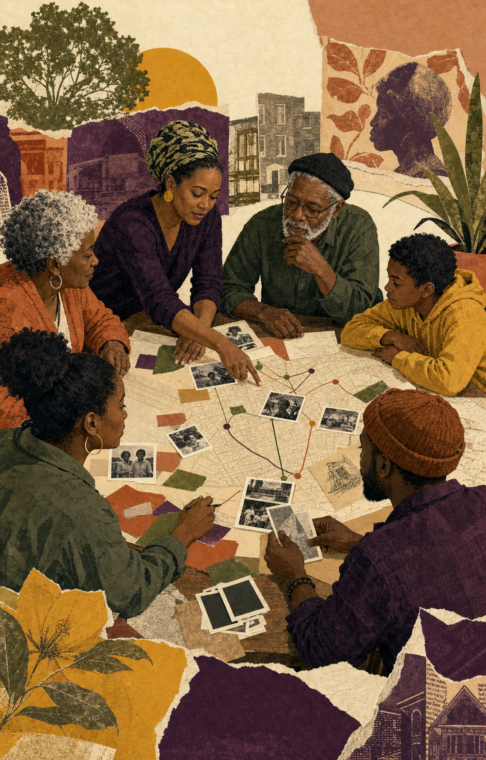Illustrated neighborhood working session around a shared table